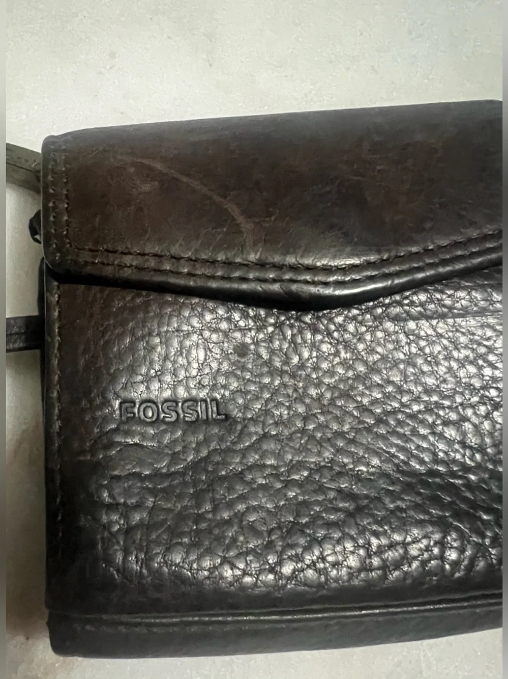 Fossil Genuine Leather Dark Brown Fold Wallet Zipper Coin Purse ID Wallet